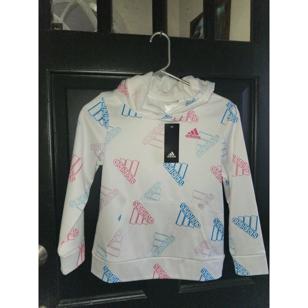 NWT Adidas Youth Medium (10-12) White Hoodie Multicolor Logo Print